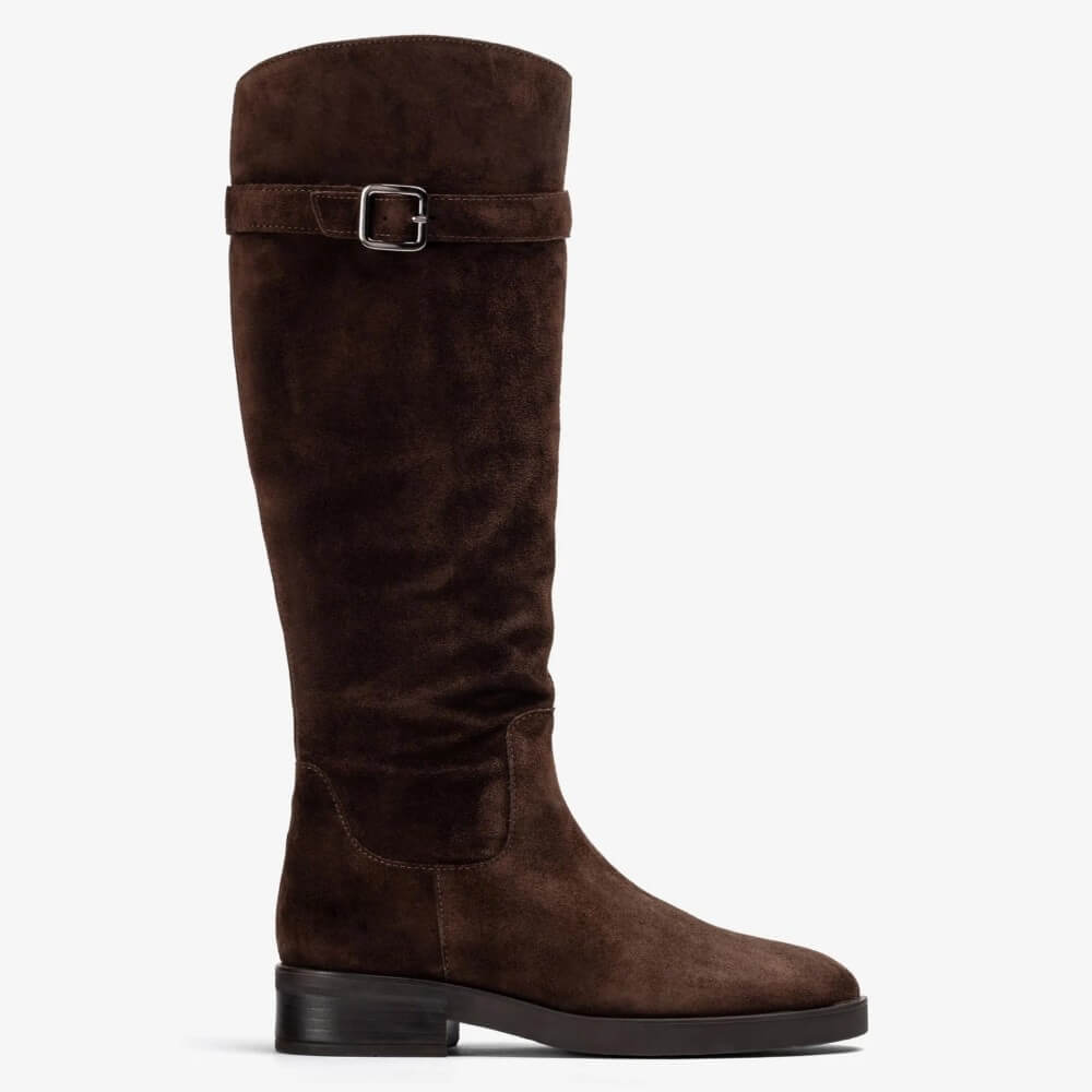 Unisa Brown knee-high boot with a buckle on a white background Unisa Edeli suede knee-high boots