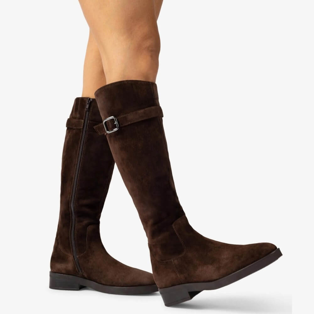  Unisa Brown knee-high boots with a buckle on a white background Unisa Edeli suede knee-high boots