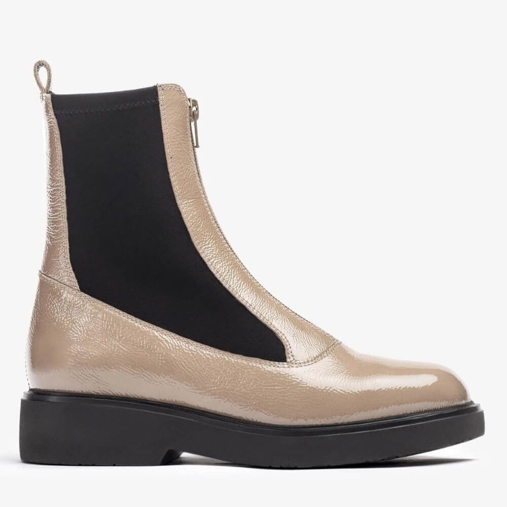 Beige Chelsea boot with black sole on a white background Unisa Foggia Centre Zip Patent Leather Boot Taupe
