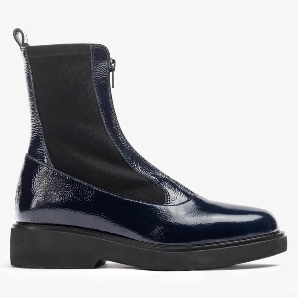 Navy blue leather boot on a white background Unisa Foggia Centre Zip Patent Leather Boot Navy