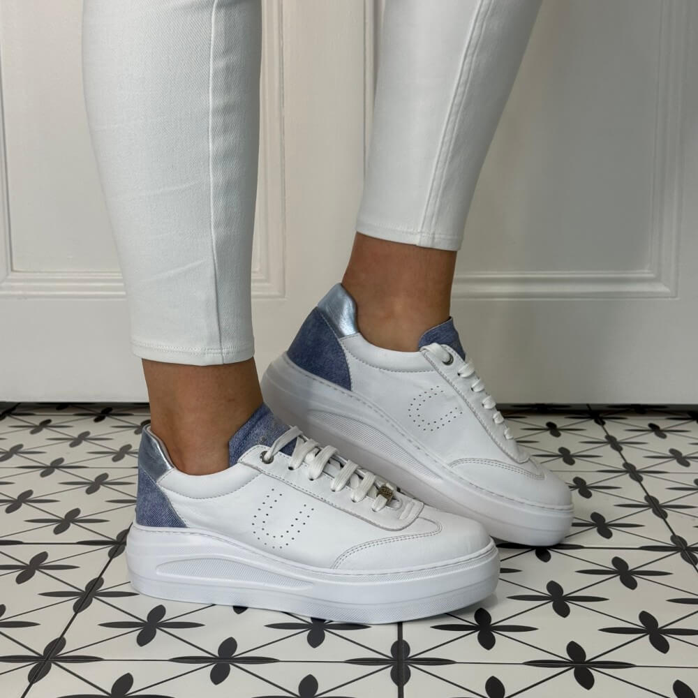 White sneakers with blue accents worn on a patterned floor.
