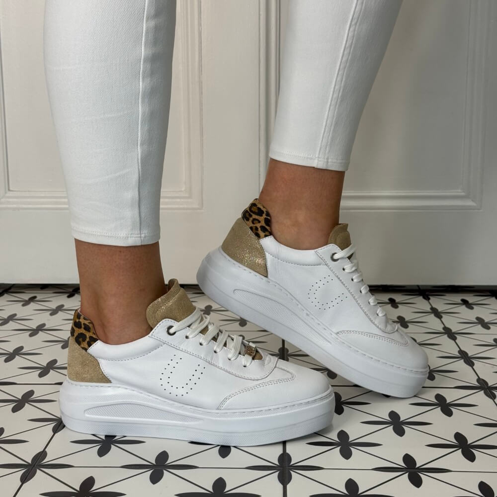 Unisa Fraile Leather Trainers White with Leopard