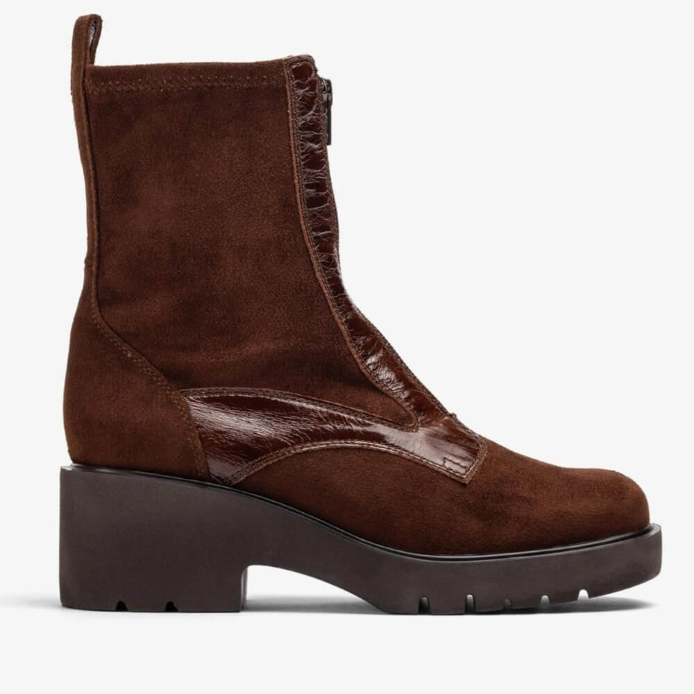 Brown suede boot with a chunky black sole on a white background Unisa Jogin Round Toe Ankle Boot Bombon Brown
