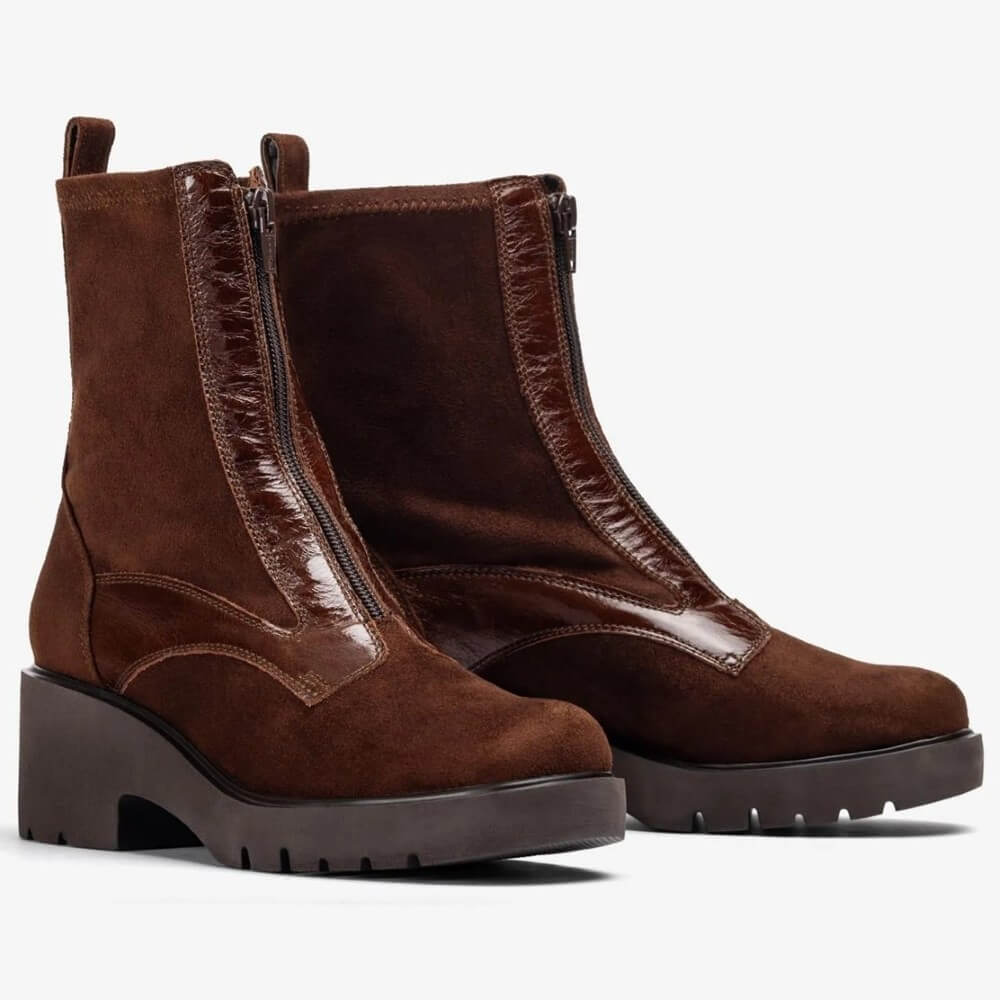Pair of brown leather boots with a zipper on a white background Unisa Jogin Round Toe Ankle Boot Bombon Brown