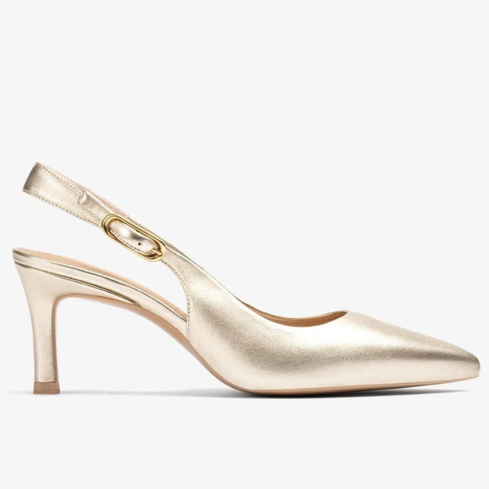 Gold high-heeled shoe on a white background unisa lanz