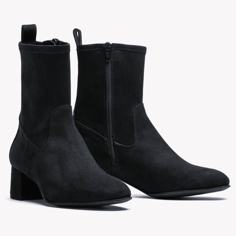 Black ankle boot on a light gray background Unisa Lemico Square toe ankle boot made in faux suede
