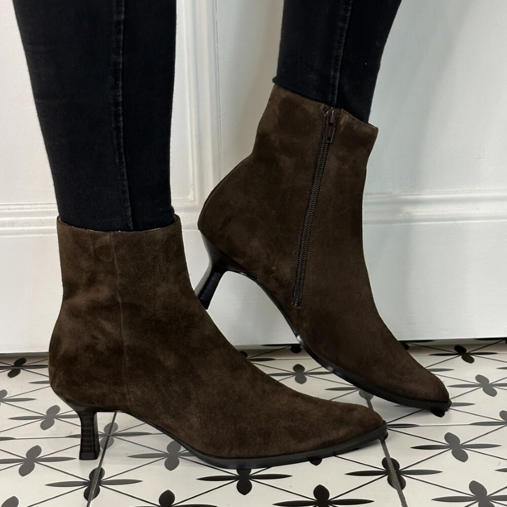 Brown Suede Heel Ankle Boots worn with black leggins on a pattern floor