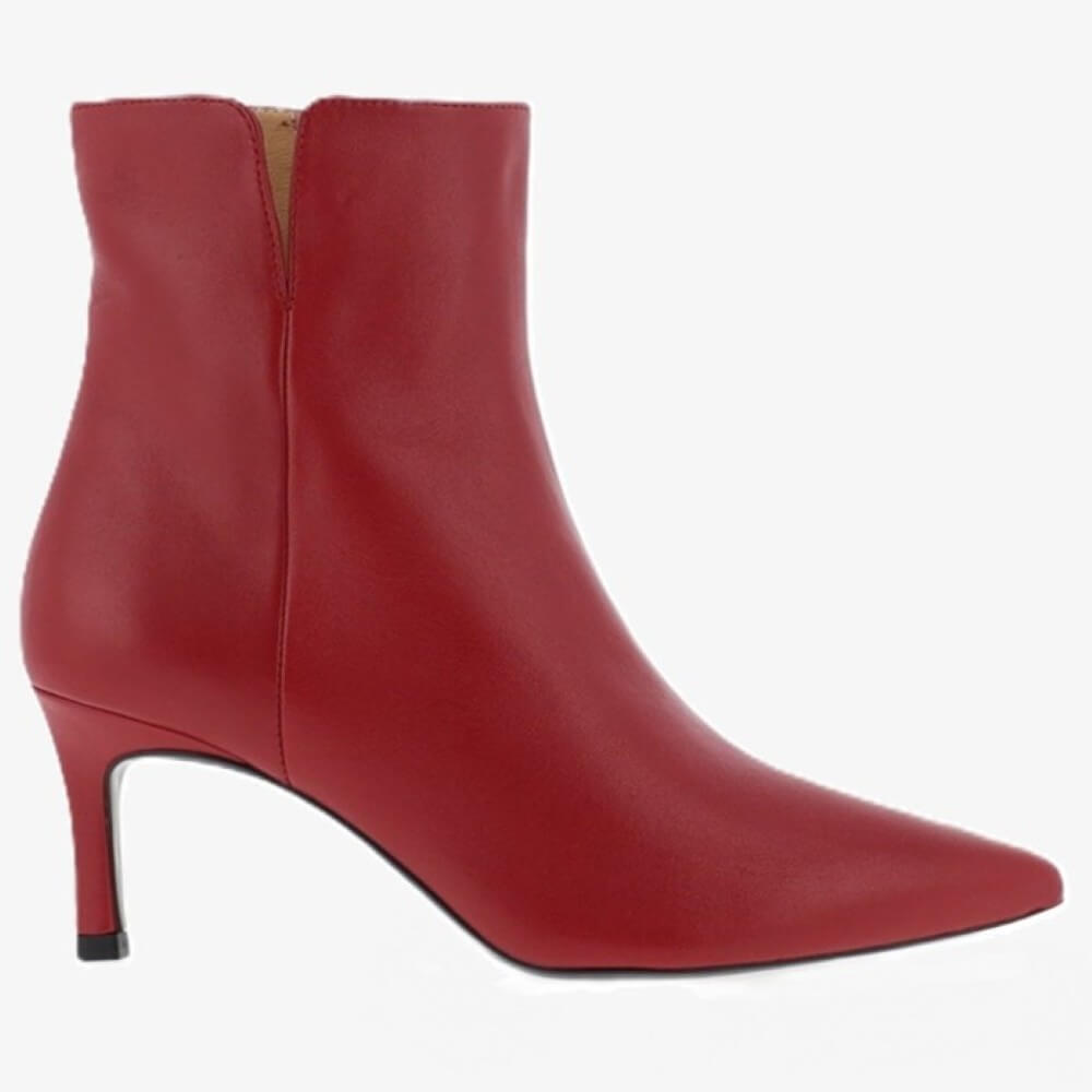 Red high-heeled ankle boot on a white background Unisa Loroya Pointed Toe Leather Ankle Boot Cherry Red