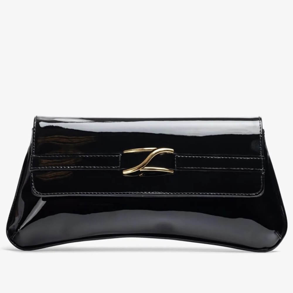 Black patent leather clutch bag with a gold clasp on a white background Unisa ZBlair Black Patent Shoulder Bag