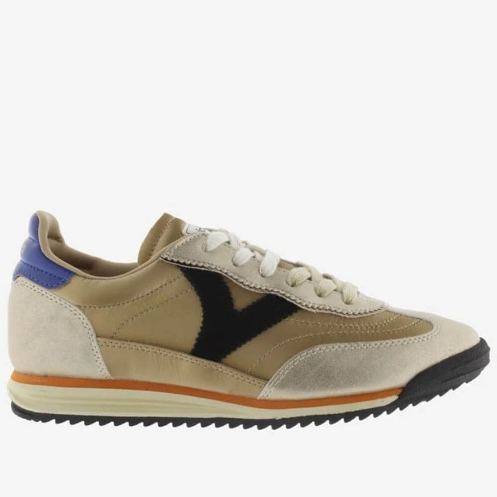Gold and Beige sneaker with black and blue accents on a white background VICTORIA SATURNO Sneakers 1158102 GOLD