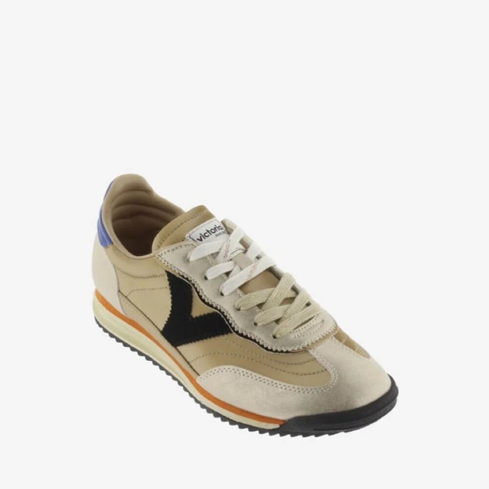 Gold and Beige sneaker with black and blue accents on a white background VICTORIA SATURNO Sneakers 1158102 GOLD