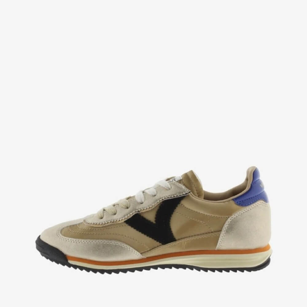 Gold and Beige sneaker with black and blue accents on a white background VICTORIA SATURNO Sneakers 1158102 GOLD