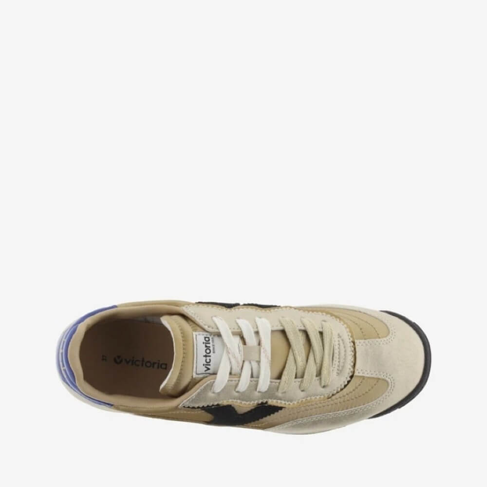 Gold and Beige sneaker with black and blue accents on a white background VICTORIA SATURNO Sneakers 1158102 GOLD