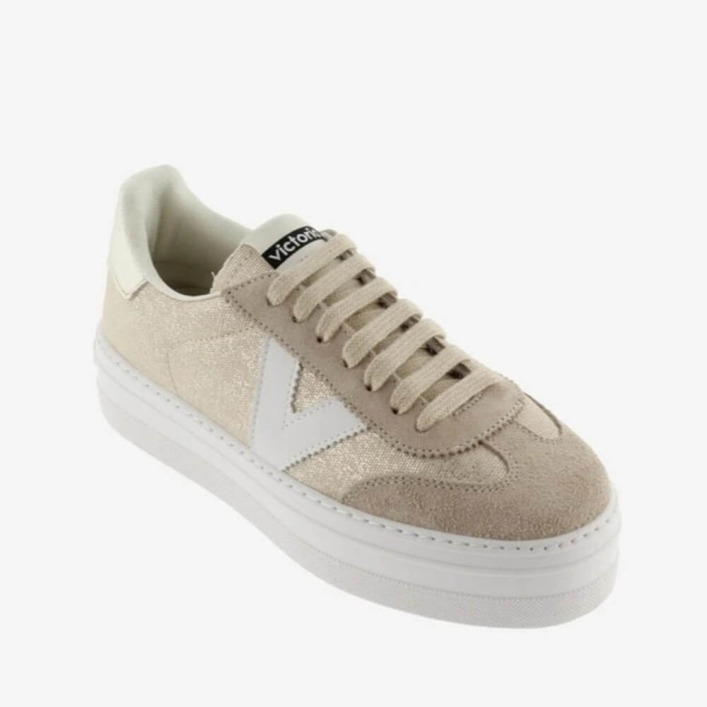 Victoria Beige Gold Platform sneaker with a white logo on a white background