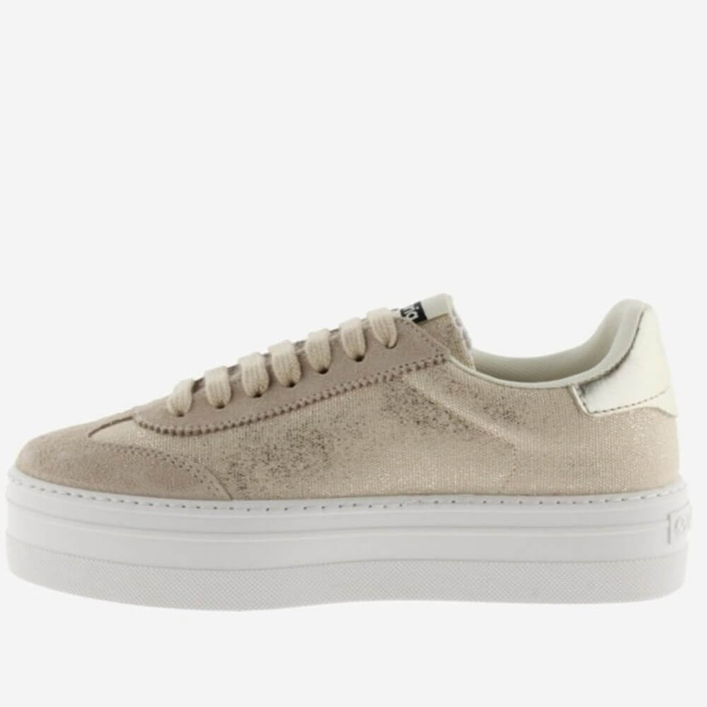 Victoria Beige Gold Platform sneaker with a white logo on a white background