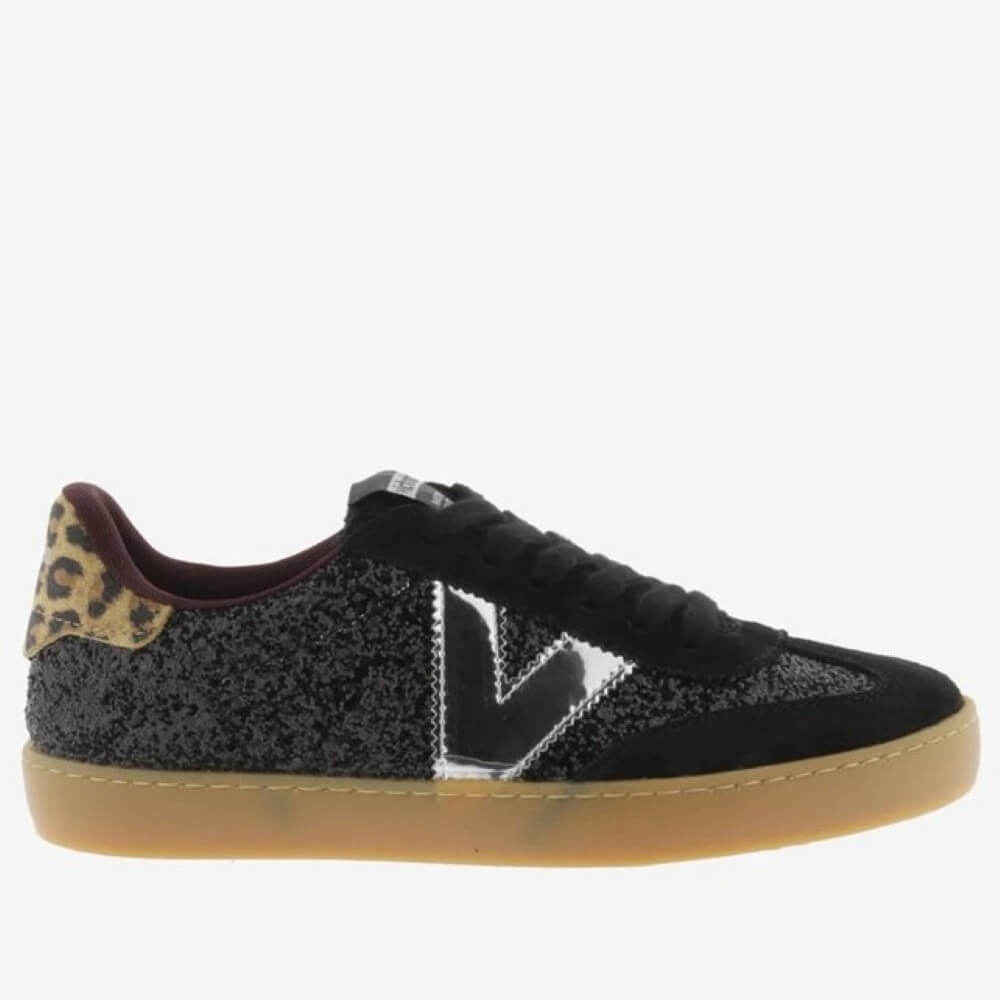 Black sneaker with leopard print accents on a white background Victoria Berlin 1126223-Black Glitter