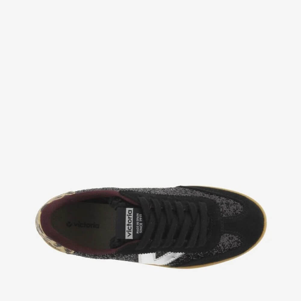 Black sneaker with leopard print accents on a white background Victoria Berlin 1126223-Black Glitter
