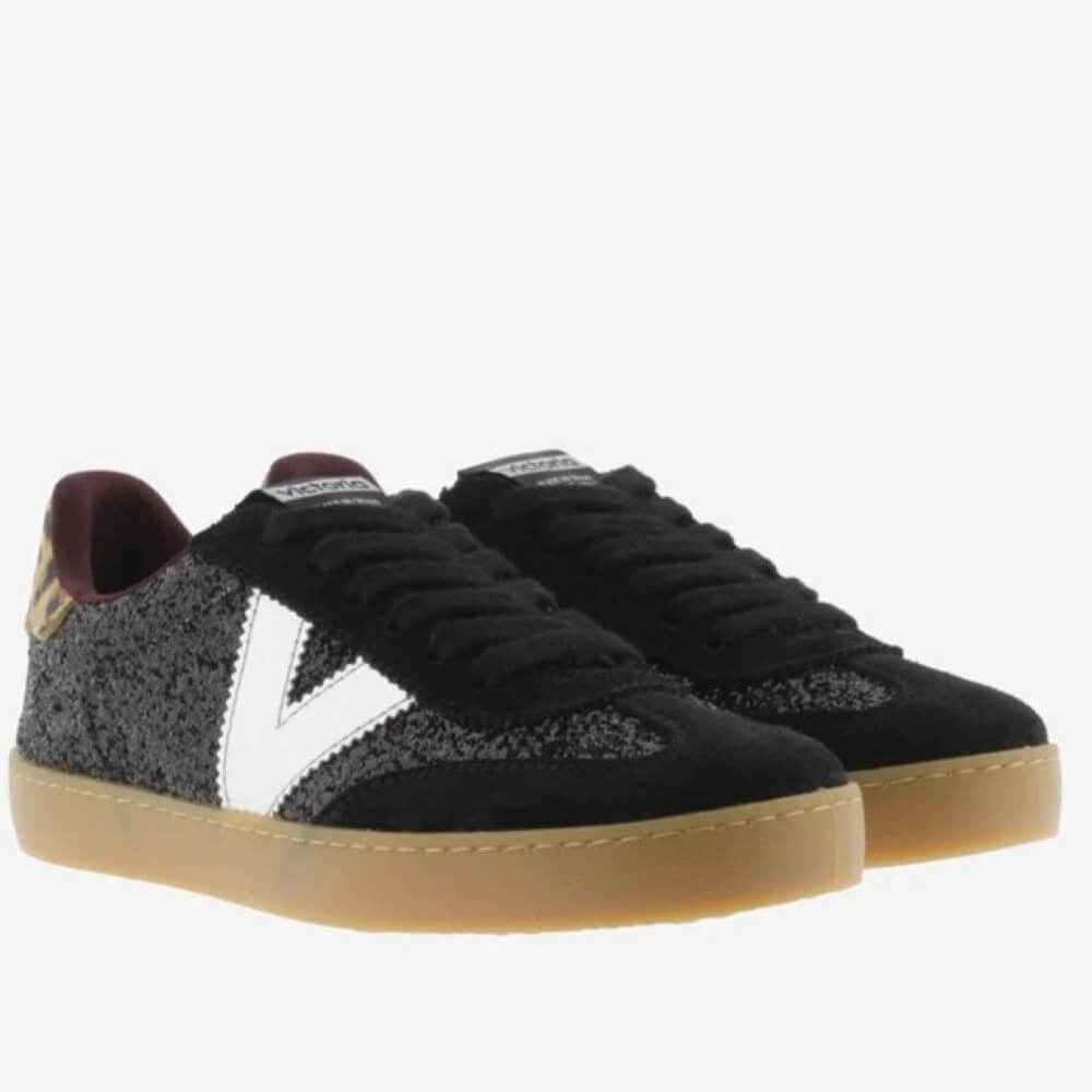 Black sneaker with leopard print accents on a white background Victoria Berlin 1126223-Black Glitter