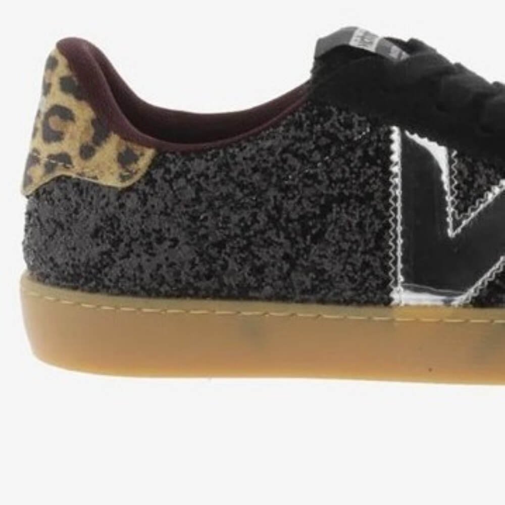 Black sneaker with leopard print accents on a white background Victoria Berlin 1126223-Black Glitter