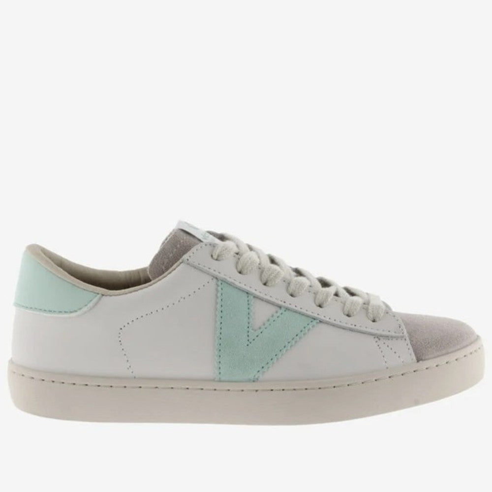 Victoria Light grey and mint green sneaker on a white background