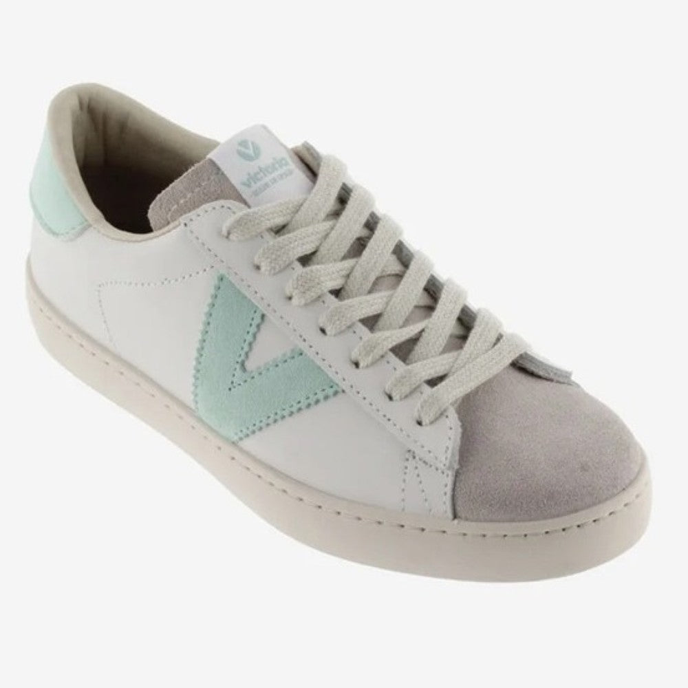 Victoria Light grey and mint green sneaker on a white background