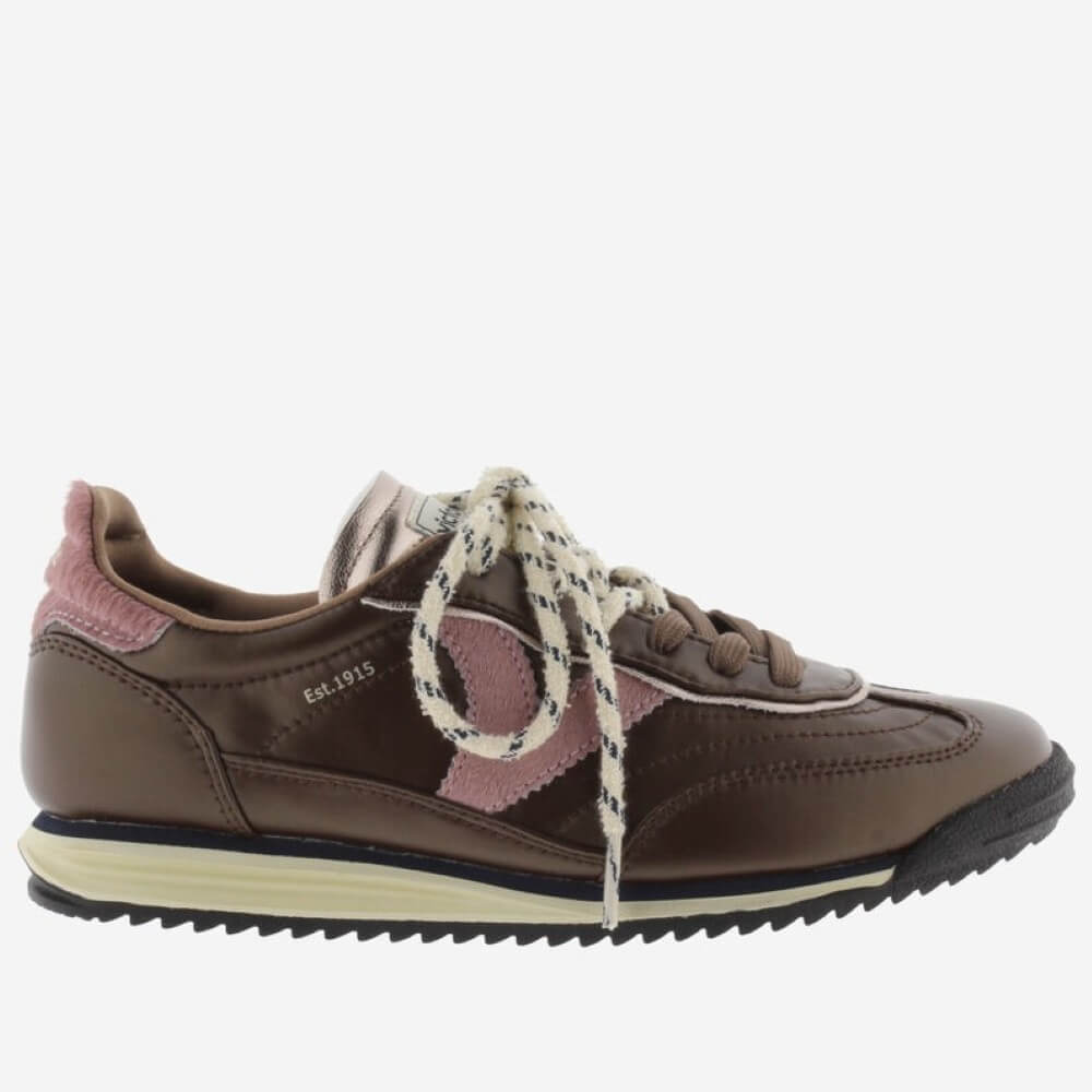 A Victoria brown sneaker with dusty pink accents, cream rope laces, and a black and cream sole, shown from a side profile on a light grey background.
