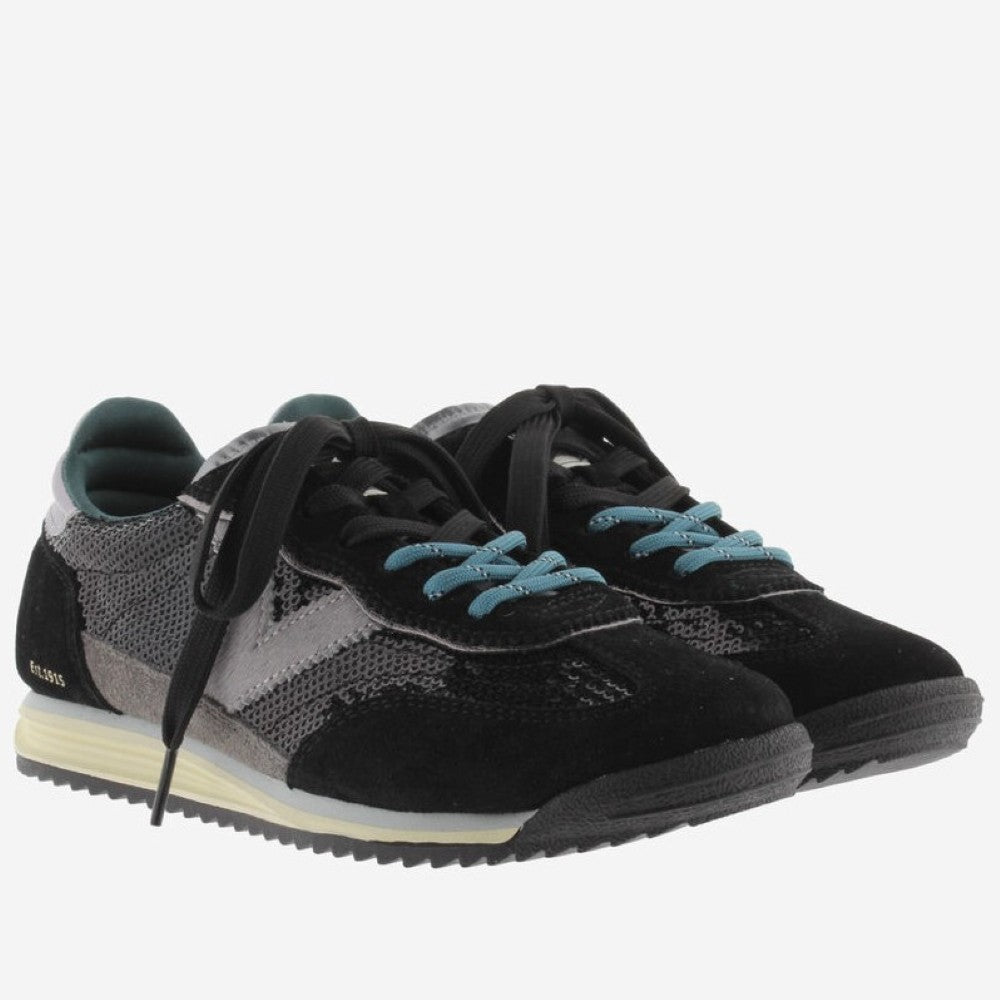 A pair of Victoria low-top sneakers in black and grey suede and sequins , featuring black laces, light blue accents on the eyelets and lining, and a cream-colored midsole.