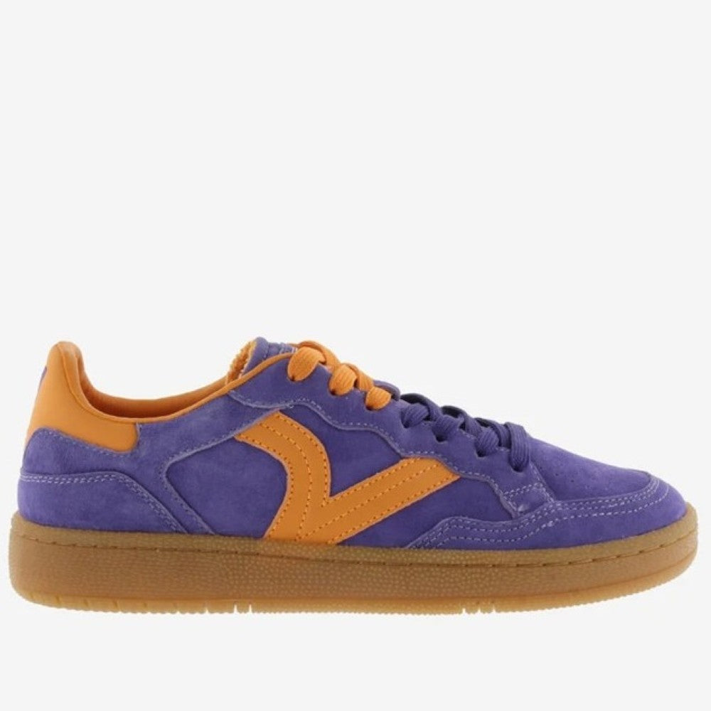 Victoria Violet Blue and orange trainers with a gum sole