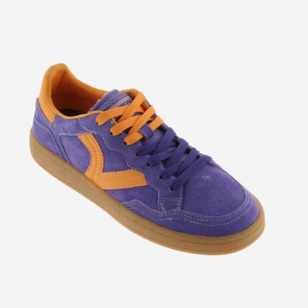 Victoria Violet Blue and orange trainers with a gum sole
