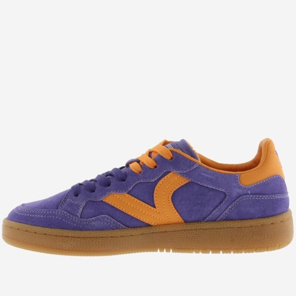 Victoria Violet Blue and orange trainers with a gum sole