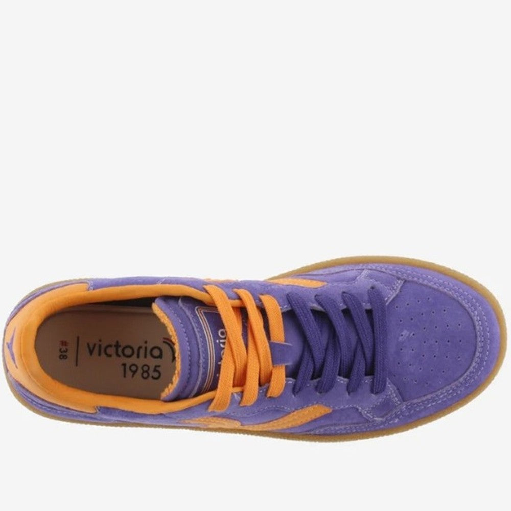 Victoria Violet Blue and orange trainers with a gum sole