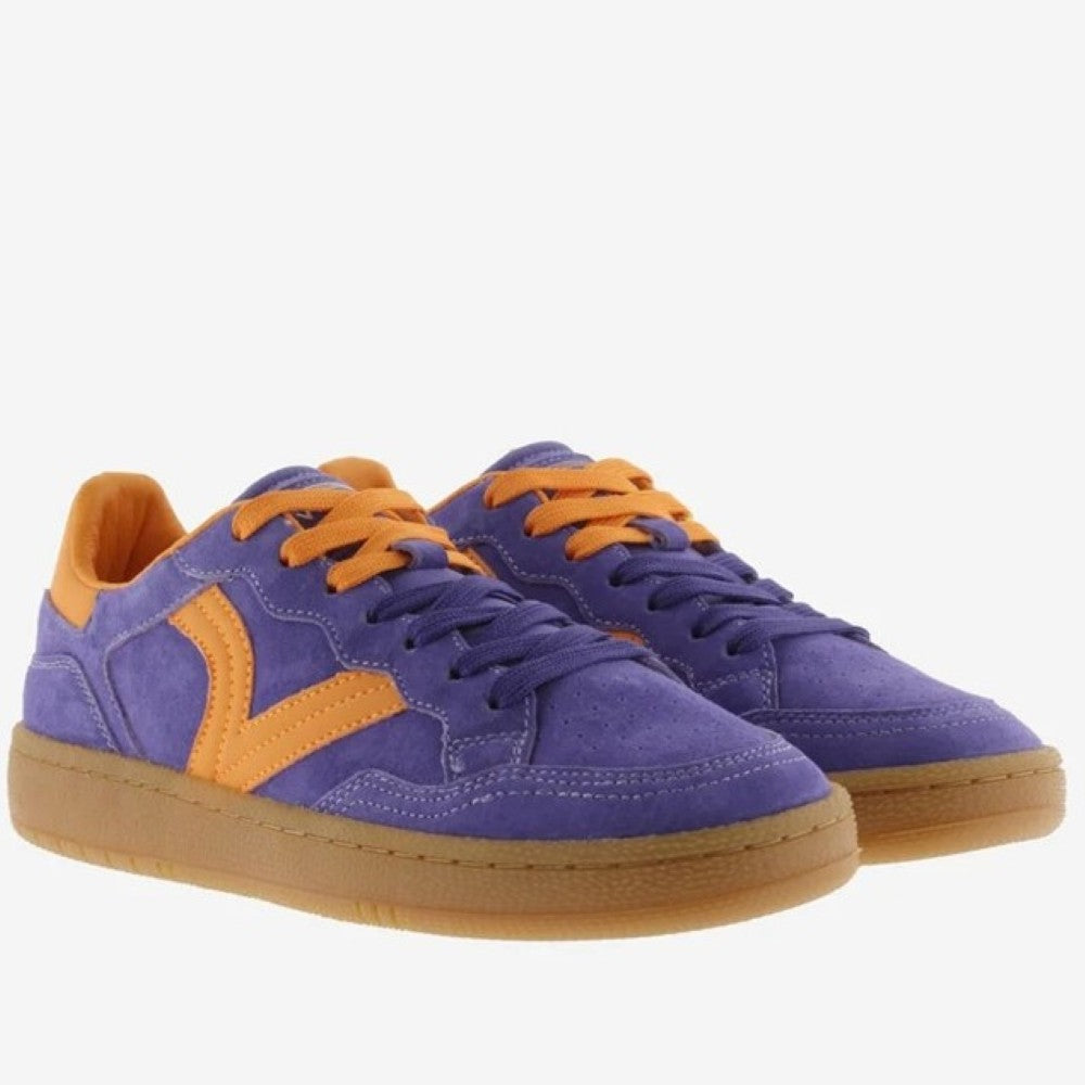 Victoria Violet Blue and orange trainers with a gum sole