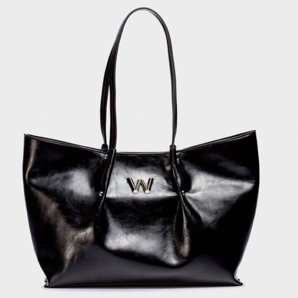 Black handbag with a gold logo on a light gray background WONDERS NAYSA shopper bag WB-54023-BLACK