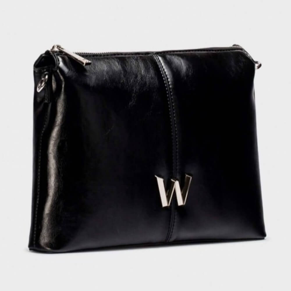 Black crossbody bag with a gold 'W' logo on a light gray background WONDERS SACHI crossbody bag WB-54022  Black