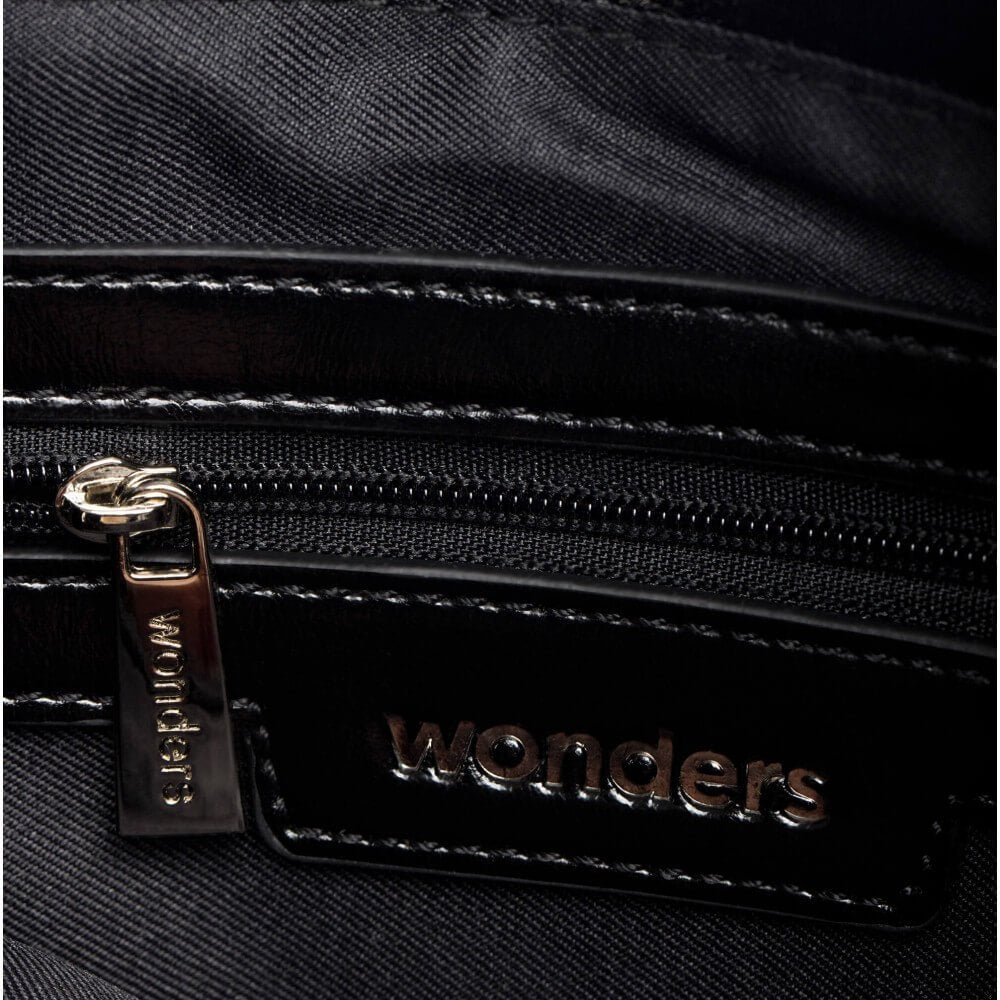 Black crossbody bag with a gold 'W' logo on a light gray background WONDERS SACHI crossbody bag WB-54022  Black