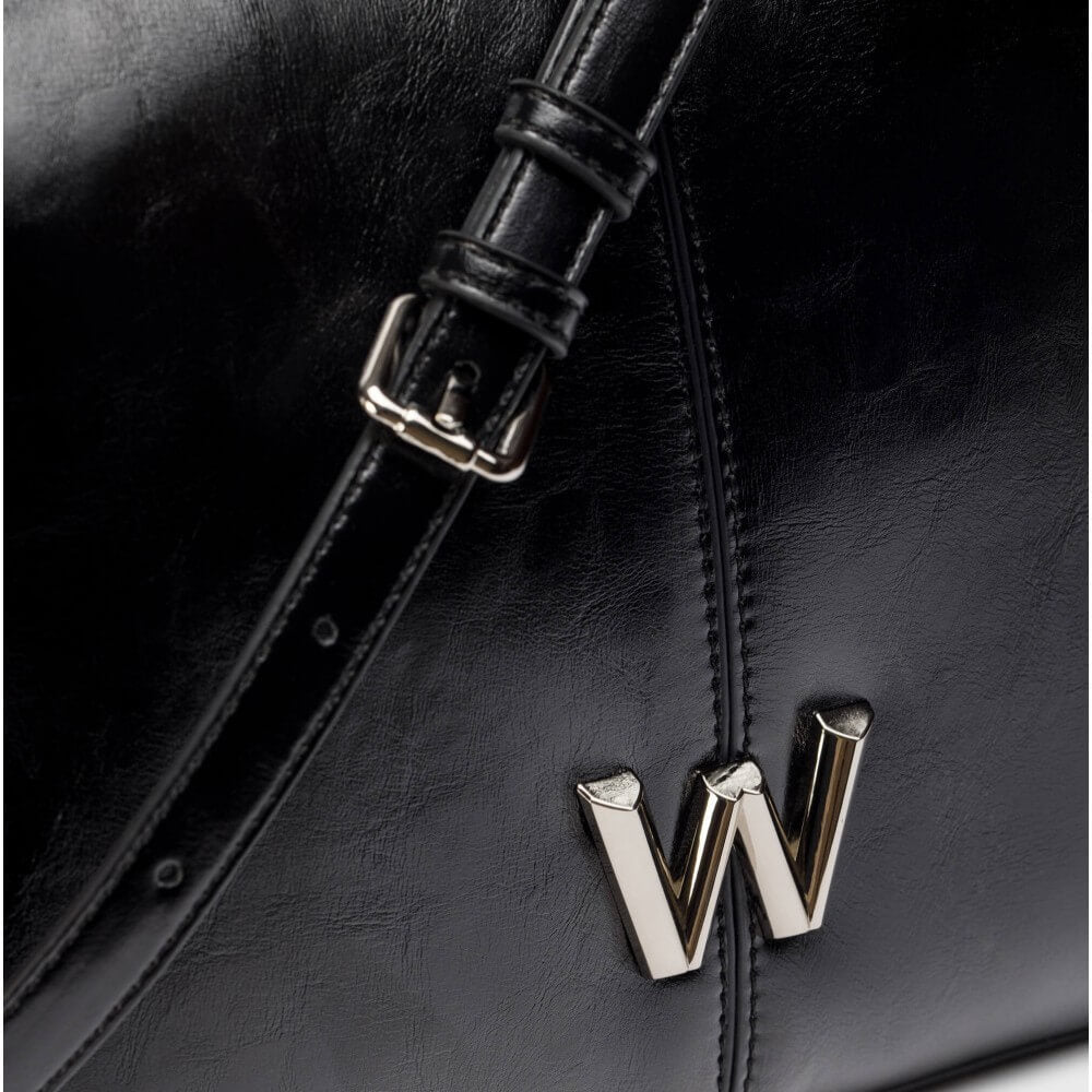 Black crossbody bag with a gold 'W' logo on a light gray background WONDERS SACHI crossbody bag WB-54022  Black