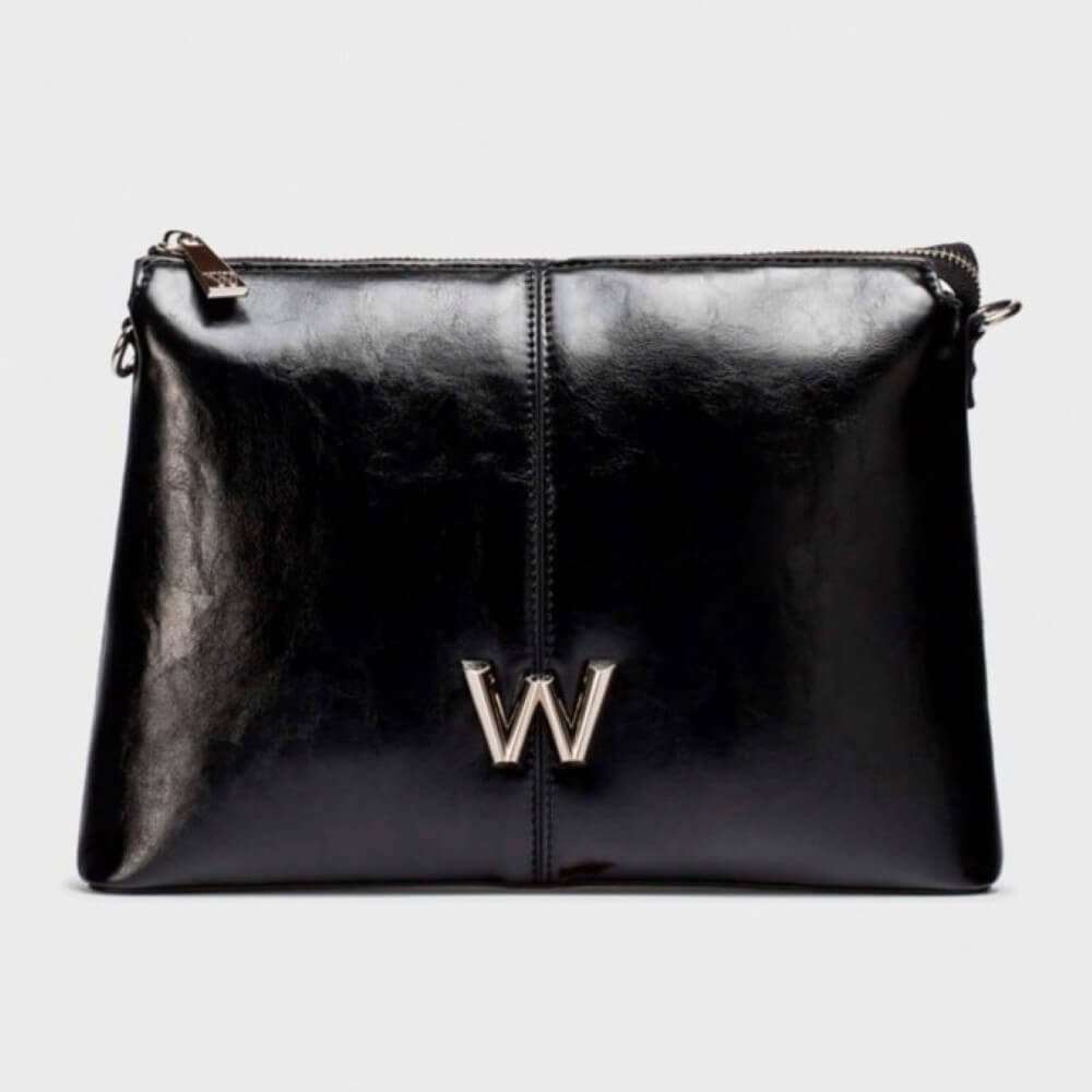Black crossbody bag with a gold 'W' logo on a light gray background WONDERS SACHI crossbody bag WB-54022  Black