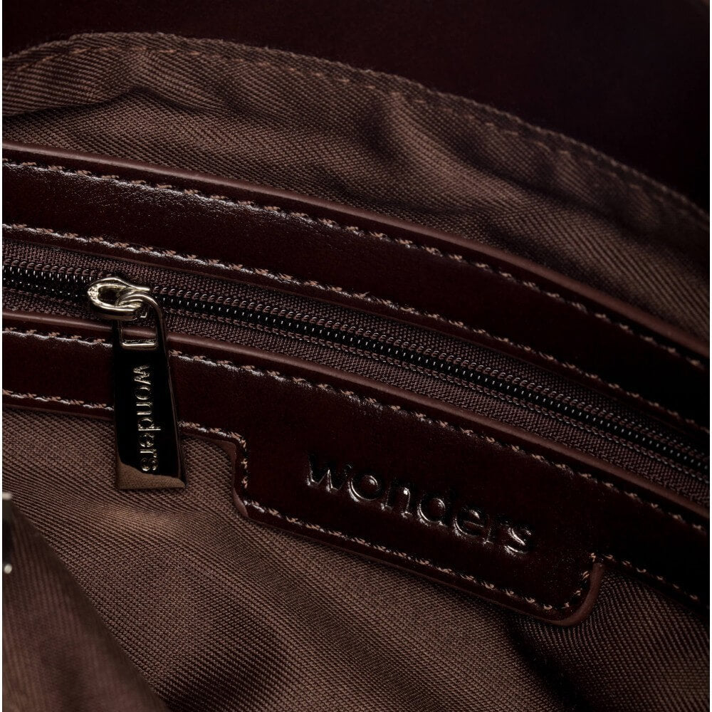 Brown leather clutch bag with a Gold 'W' logo on a light gray background WONDERS SACHI crossbody bag WB-54022 Brown