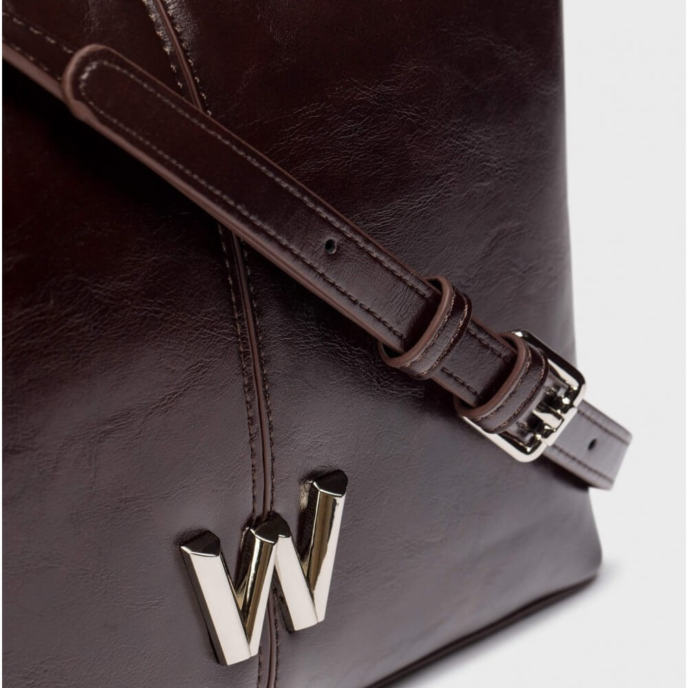 Brown leather clutch bag with a Gold 'W' logo on a light gray background WONDERS SACHI crossbody bag WB-54022 Brown