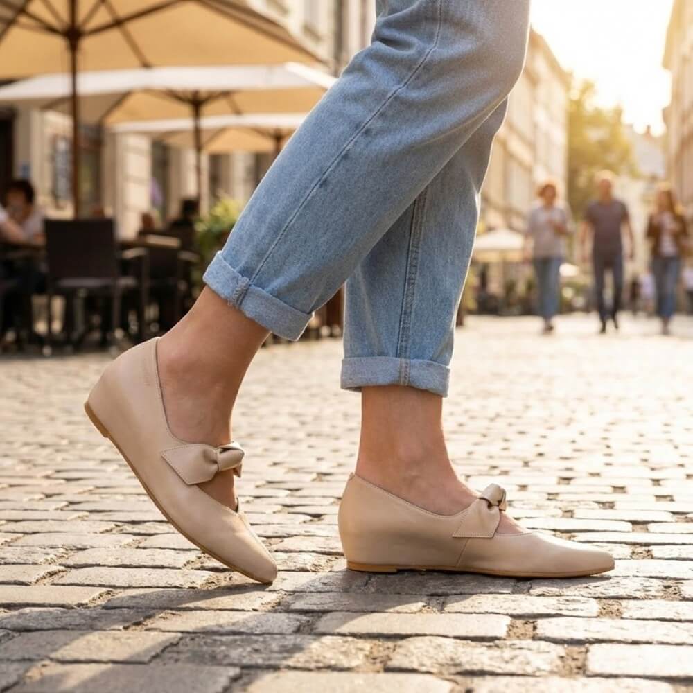 Person wearing wonders beige shoes with a bow on a cobblestone street.
