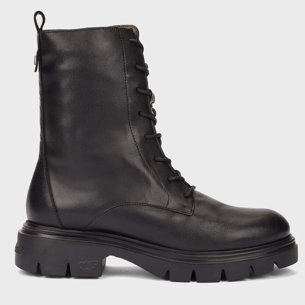 A Wonders black leather lace-up ankle boot with a chunky lug sole, shown in a side profile view against a light grey background.