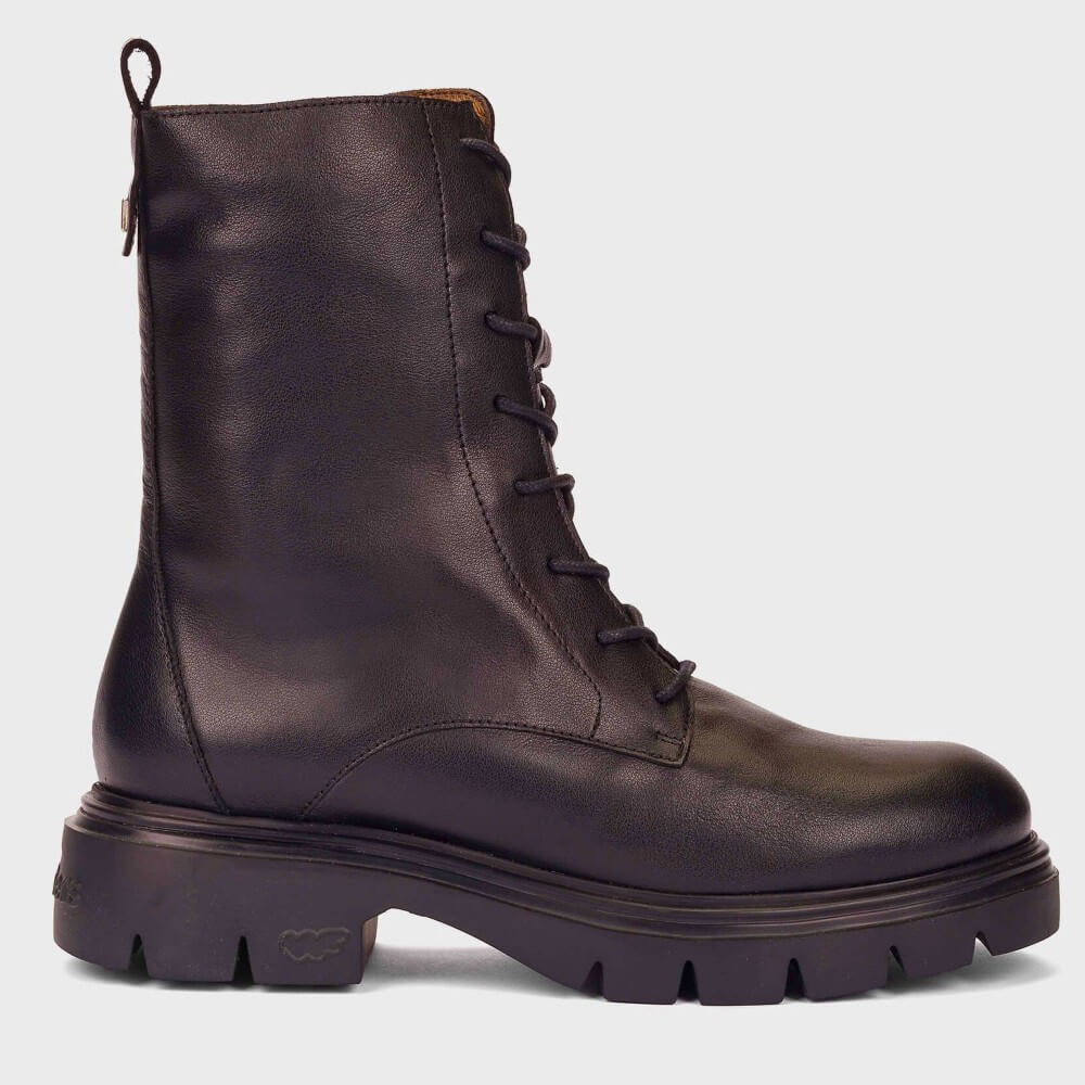 A Wonders wine leather lace-up ankle boot with a chunky lug sole, shown in a side profile against a light grey background.