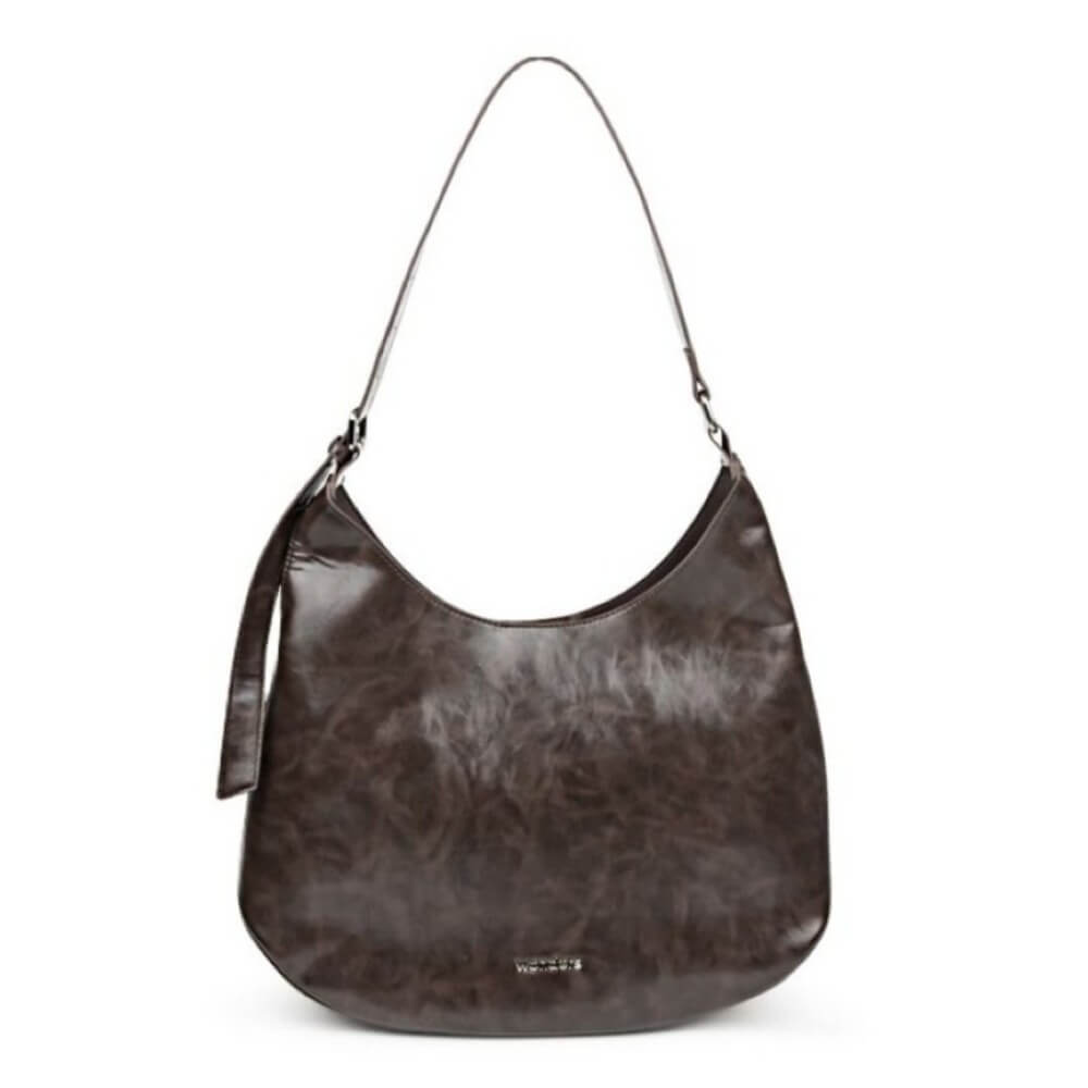 A Wonders dark brown faux-leather hobo shoulder bag with a distressed texture, a single thin shoulder strap, and a small silver-tone logo plate at the bottom centre.