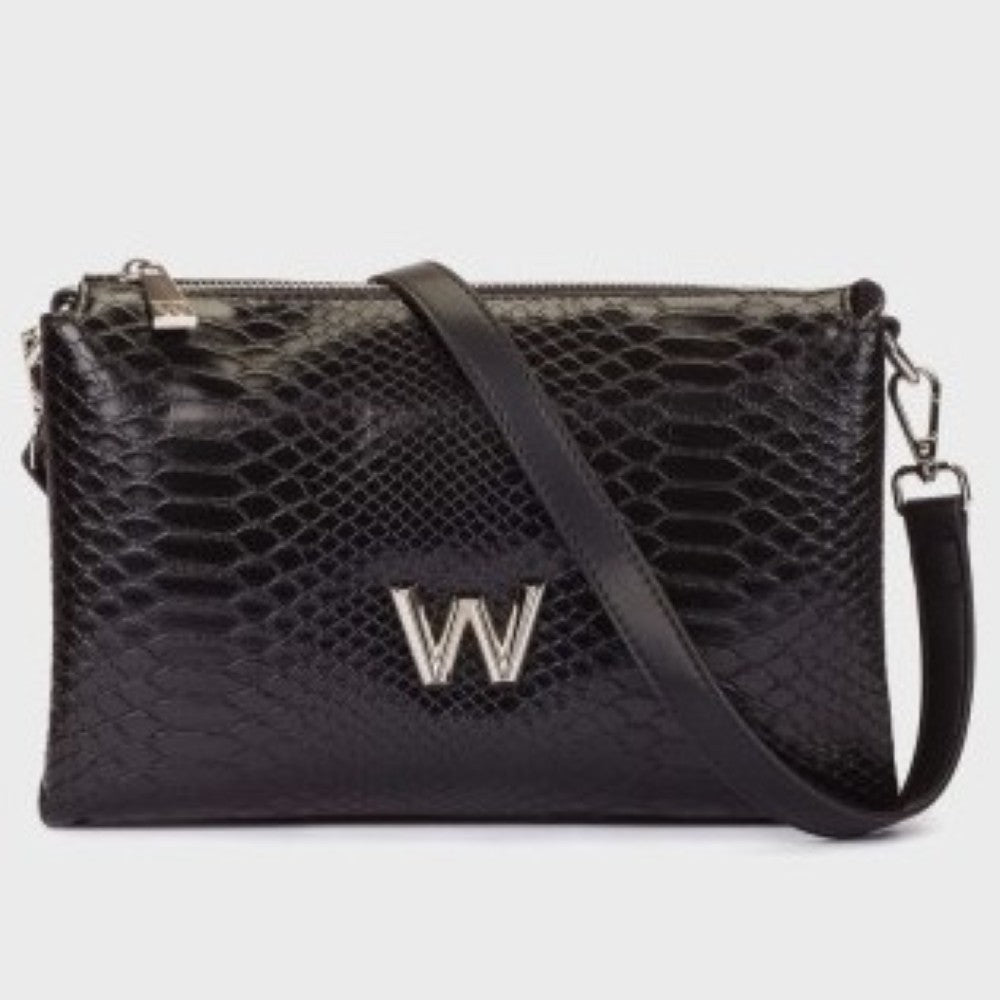 Wonders Black crocodile-embossed Faux leather clutch bag with a silver-tone 'W' logo on the front and a matching black shoulder strap, shown against a light grey background.