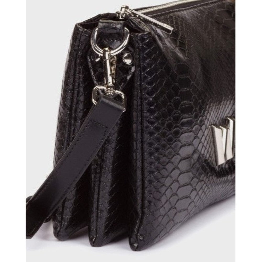 Wonders Black crocodile-embossed Faux leather clutch bag with a silver-tone 'W' logo on the front and a matching black shoulder strap, shown against a light grey background.