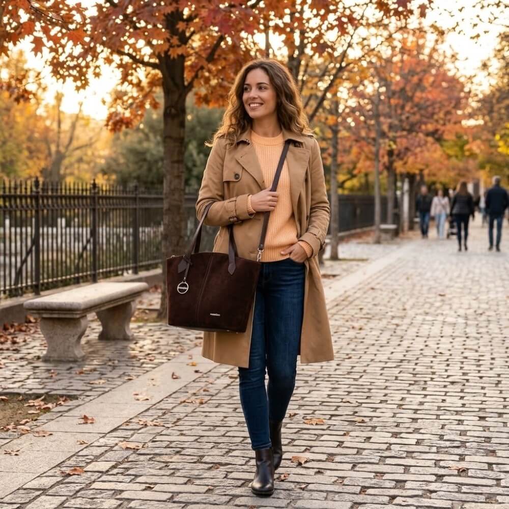 A woman walking on a cobblestone path in an autumn park, wearing a tan trench coat over a peach sweater, dark blue jeans, and dark brown ankle boots, while carrying a Wonders large dark brown tote bag.