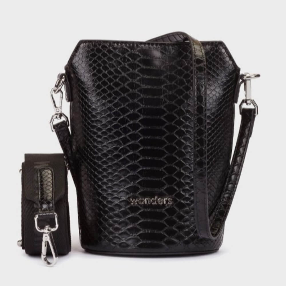Black Wonders snake-embossed leather bucket bag with silver hardware and a matching shoulder Strap, shown on a light grey background.