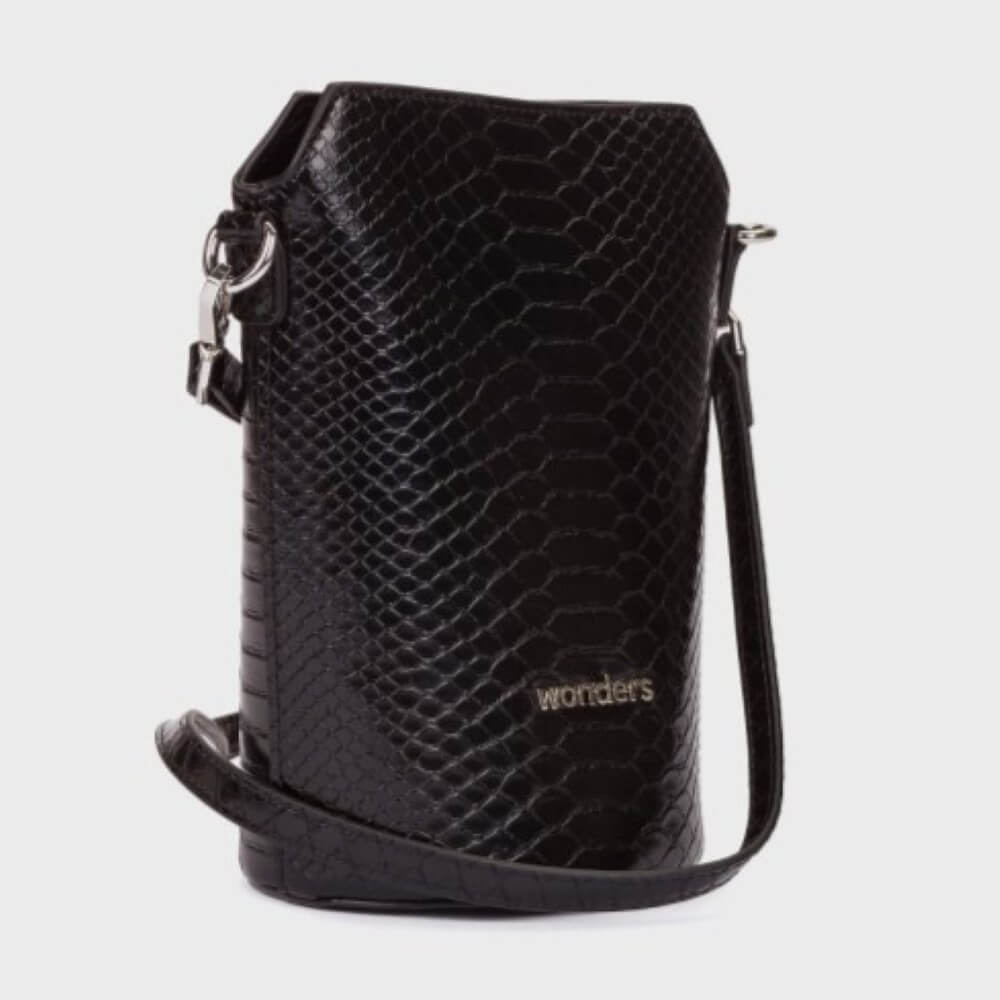 Black Wonders embossed leather bucket bag with silver hardware and a matching shoulder Strap, shown on a light grey background.