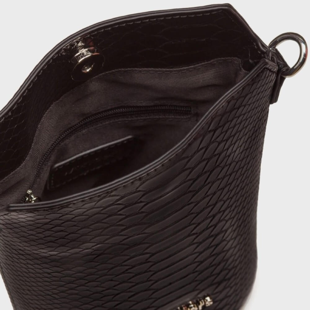 Close-up of the interior of a Wonders black bucket bag, showing a zippered pocket inside and a metal ring attachment on a light grey background.