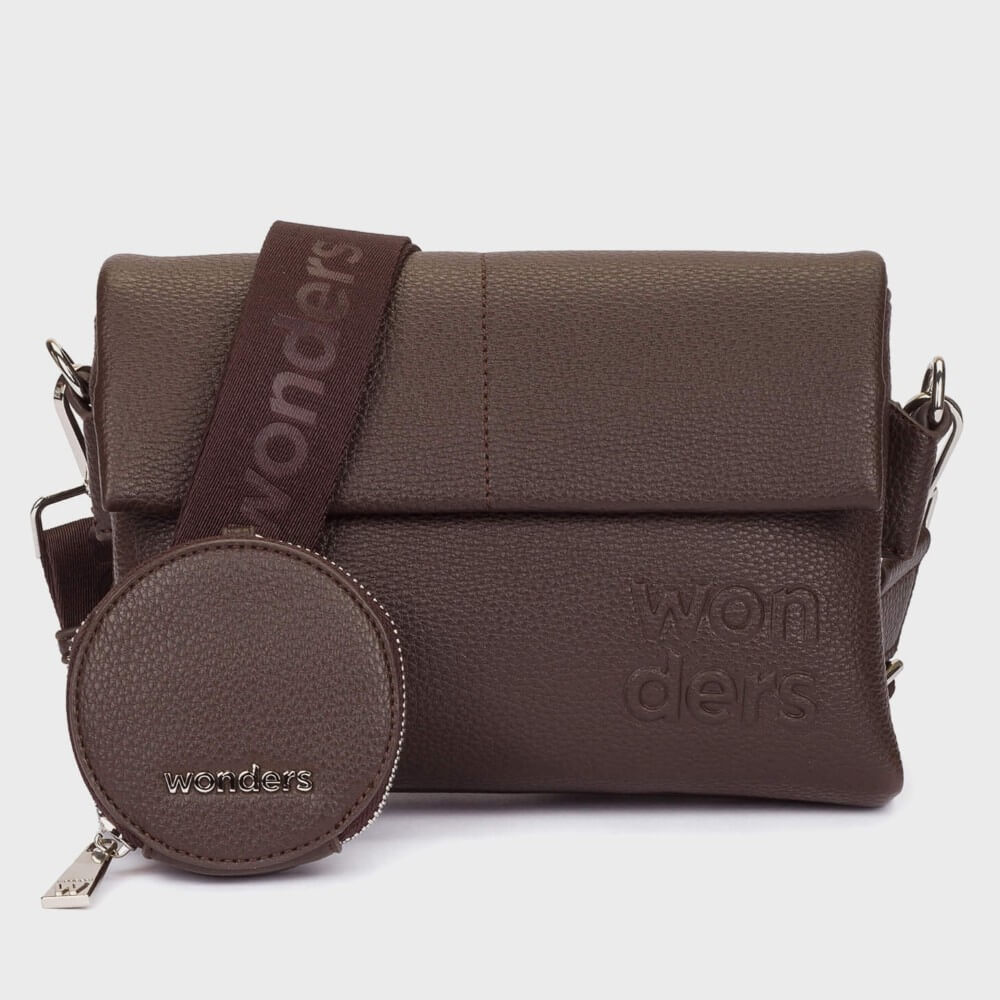 A Wonders dark brown textured Faux leather crossbody bag with a matching zippered coin pouch, featuring an embossed 'wonders' logo and a matching brown shoulder strap.